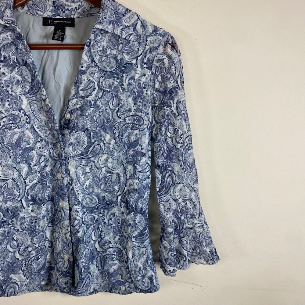 Vintage Y2K I.N.C Button Up Collared Shirt 3/4 Ruffle Sleeves‎ Blue Paisley Boho - Picture 4 of 6